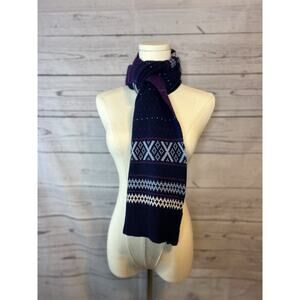 Talbots Reversible Fair Isle Knit Winter Scarf Blue Purple Pink White 72”